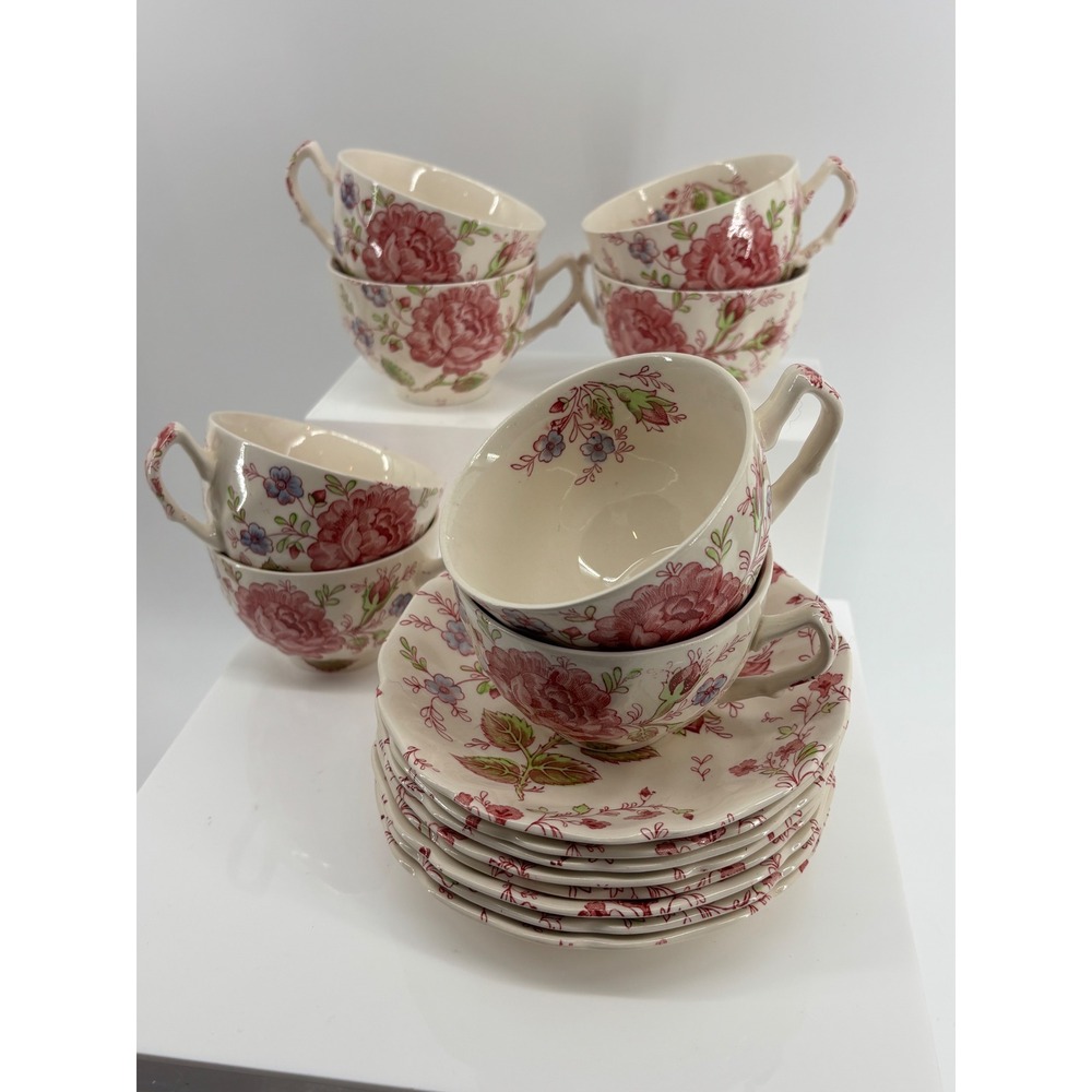 Johnson Brothers Rose Chintz 8 Tea Cups & 8 Saucers 16 pc Set Made England Pink